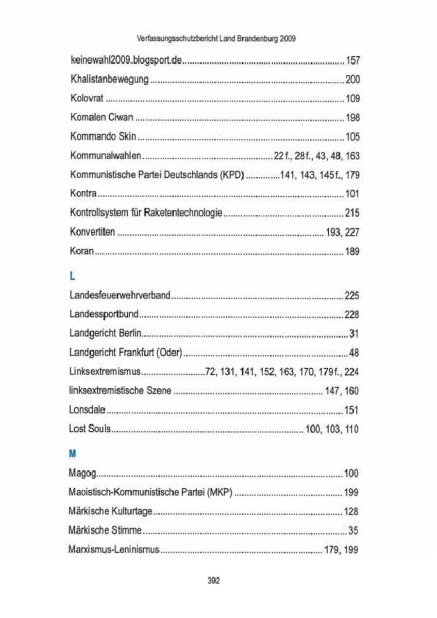 Seite 394 des Verfassungsschutzbericht 2009 Brandenburg