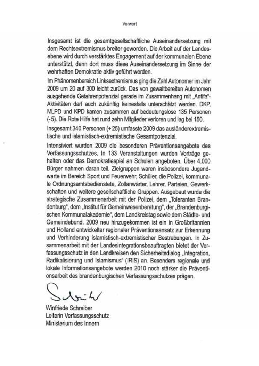 Seite 9 des Verfassungsschutzbericht 2009 Brandenburg