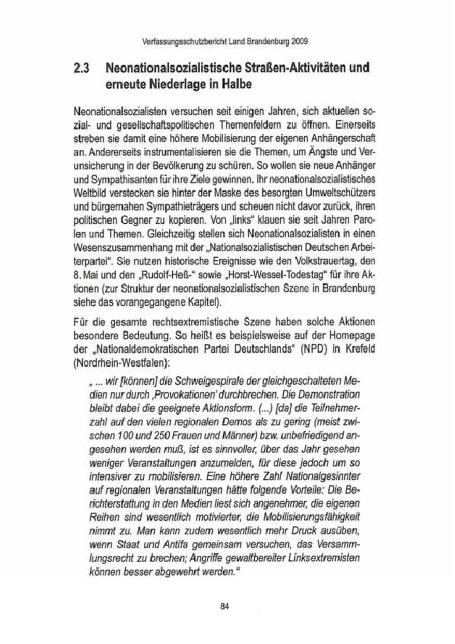 Seite 86 des Verfassungsschutzbericht 2009 Brandenburg