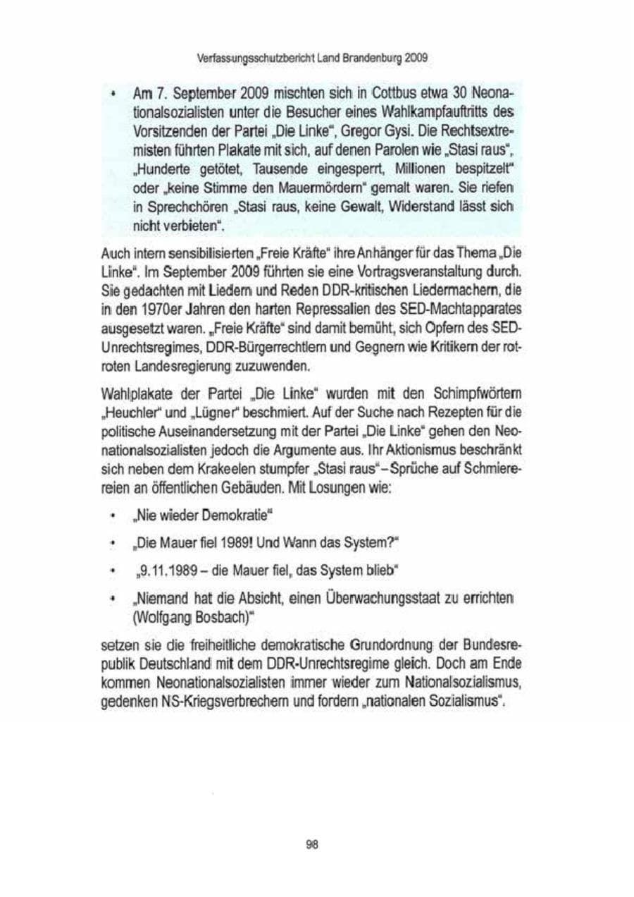 Seite 100 des Verfassungsschutzbericht 2009 Brandenburg