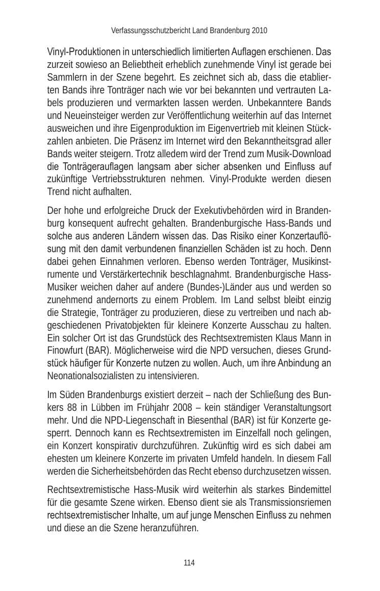 Seite 116 des Verfassungsschutzbericht 2010 Brandenburg