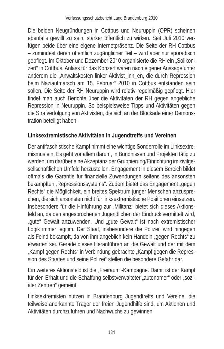 Seite 136 des Verfassungsschutzbericht 2010 Brandenburg