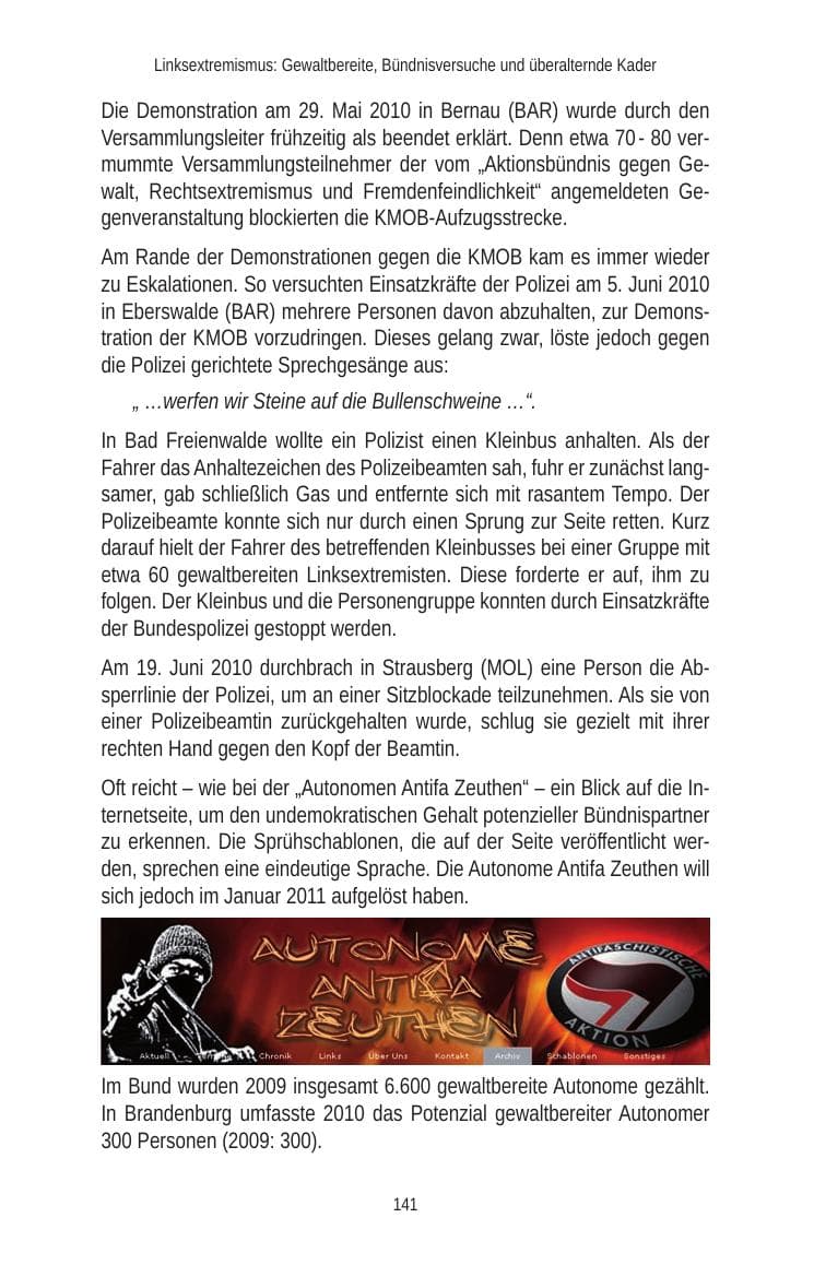Seite 141 des Verfassungsschutzbericht 2010 Brandenburg