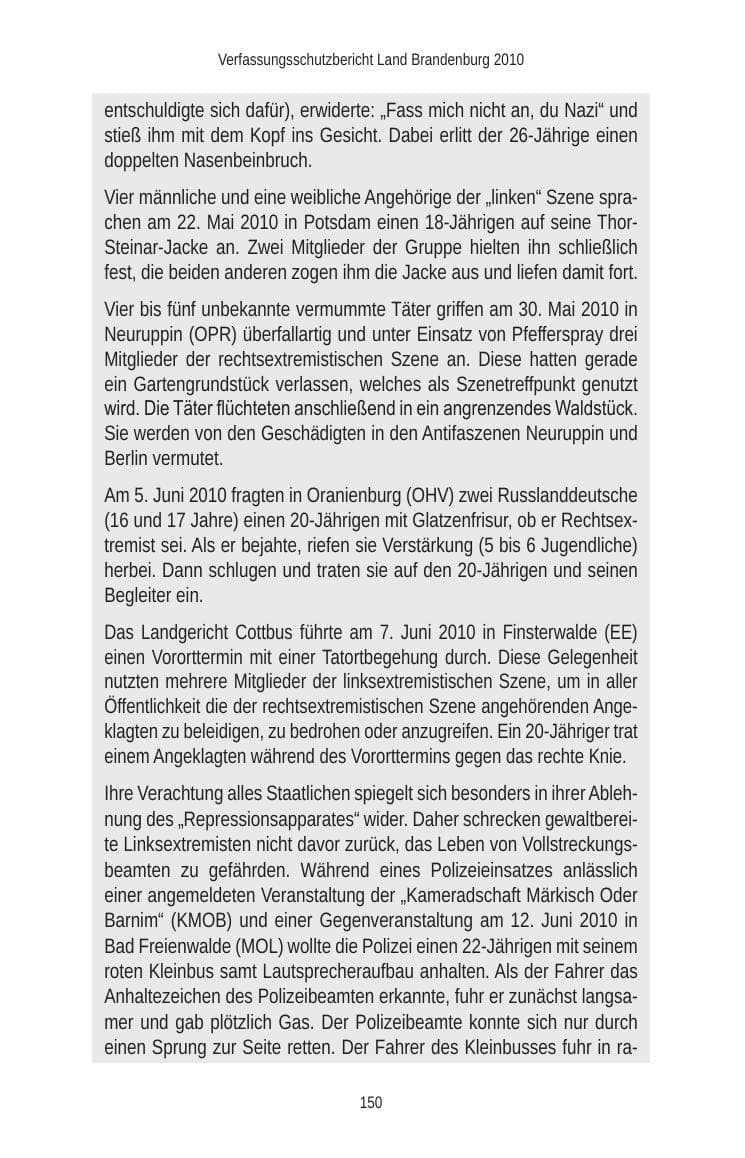 Seite 150 des Verfassungsschutzbericht 2010 Brandenburg
