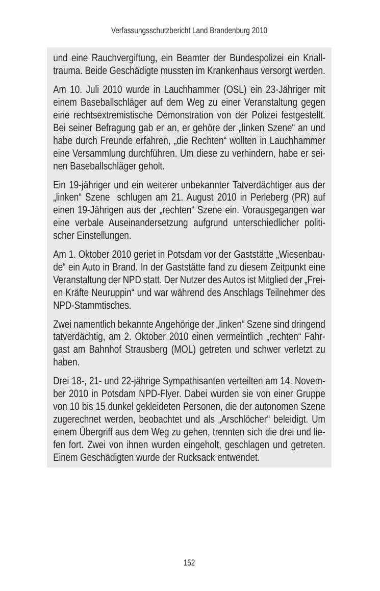 Seite 152 des Verfassungsschutzbericht 2010 Brandenburg