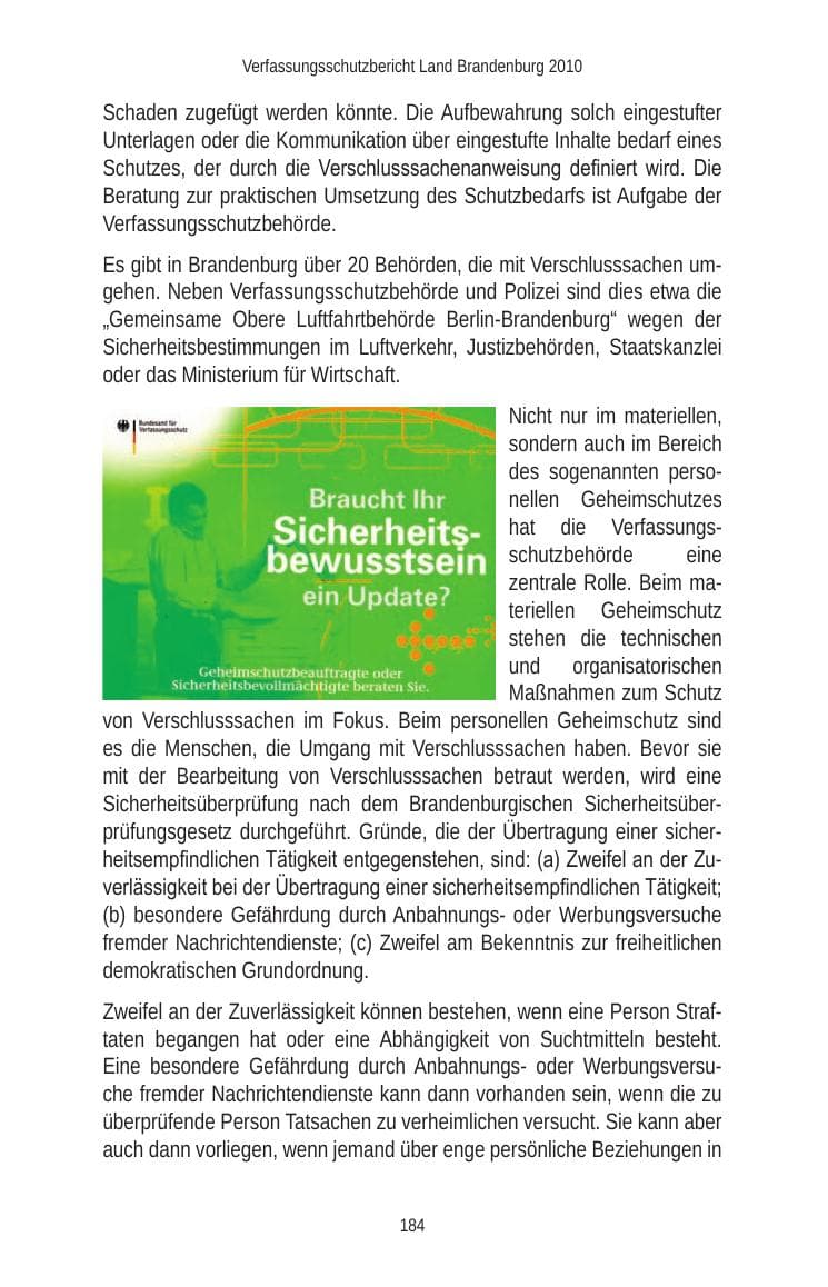 Seite 184 des Verfassungsschutzbericht 2010 Brandenburg