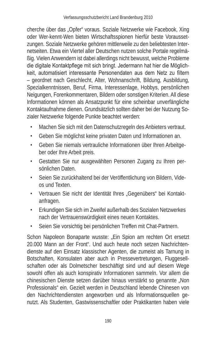 Seite 190 des Verfassungsschutzbericht 2010 Brandenburg