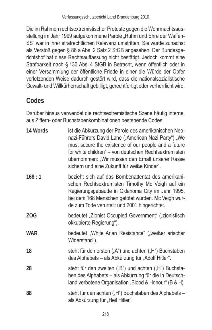 Seite 218 des Verfassungsschutzbericht 2010 Brandenburg