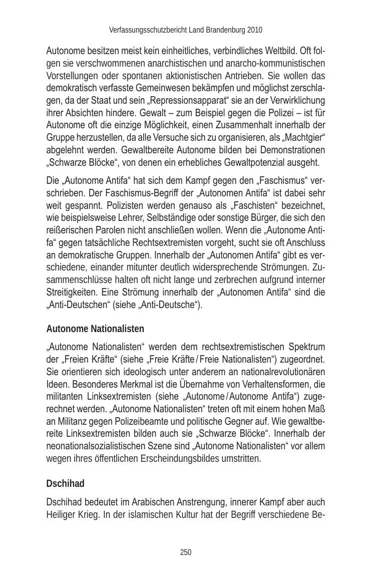 Seite 250 des Verfassungsschutzbericht 2010 Brandenburg