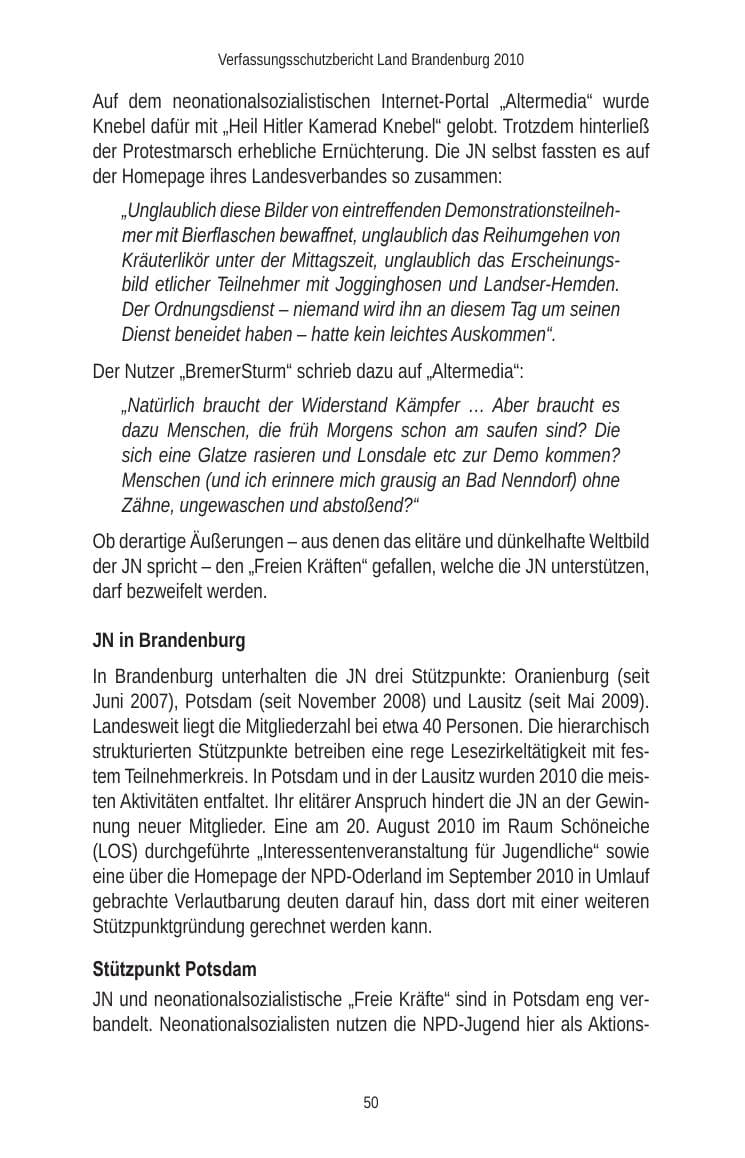 Seite 52 des Verfassungsschutzbericht 2010 Brandenburg
