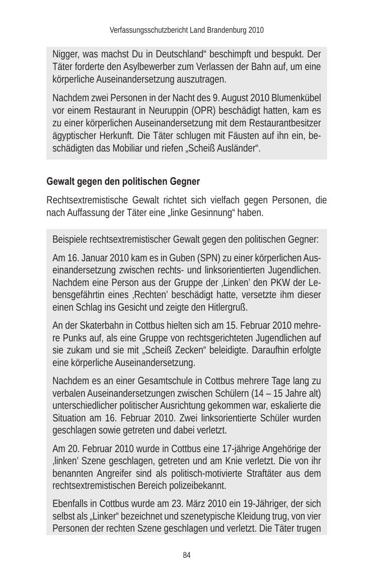 Seite 86 des Verfassungsschutzbericht 2010 Brandenburg