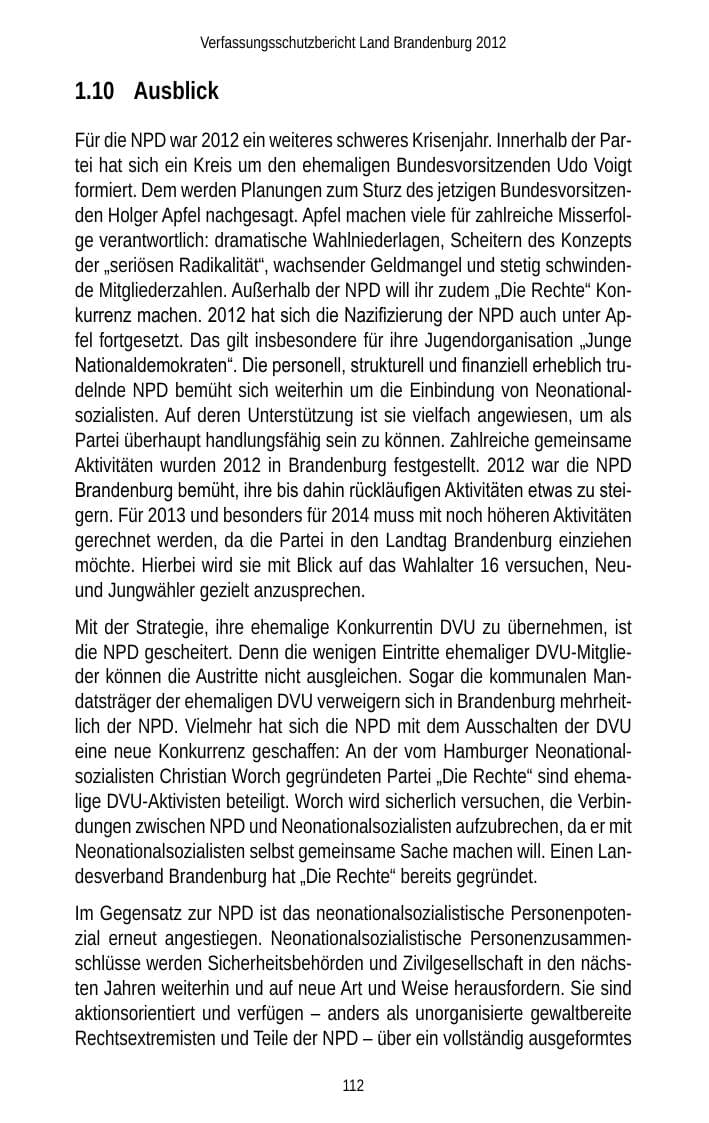 Seite 112 des Verfassungsschutzbericht 2012 Brandenburg