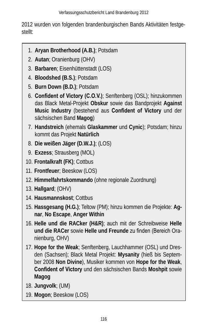 Seite 116 des Verfassungsschutzbericht 2012 Brandenburg