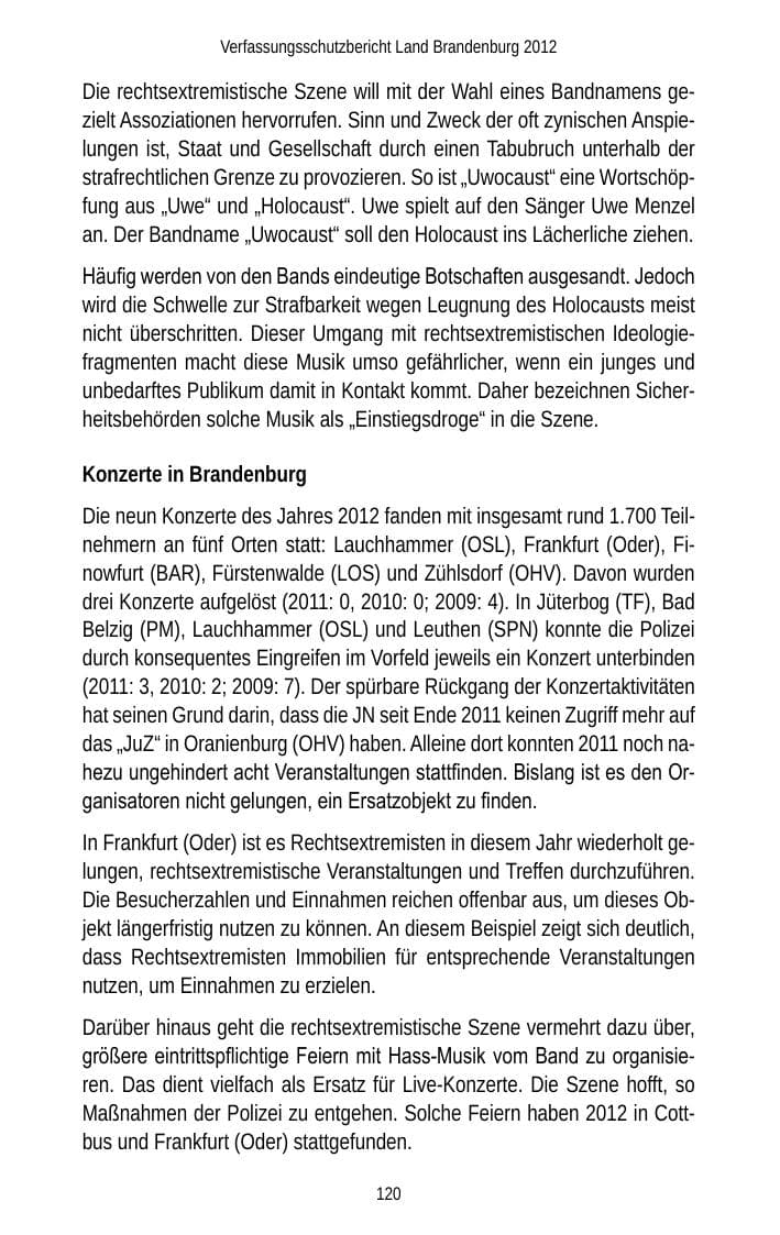 Seite 120 des Verfassungsschutzbericht 2012 Brandenburg