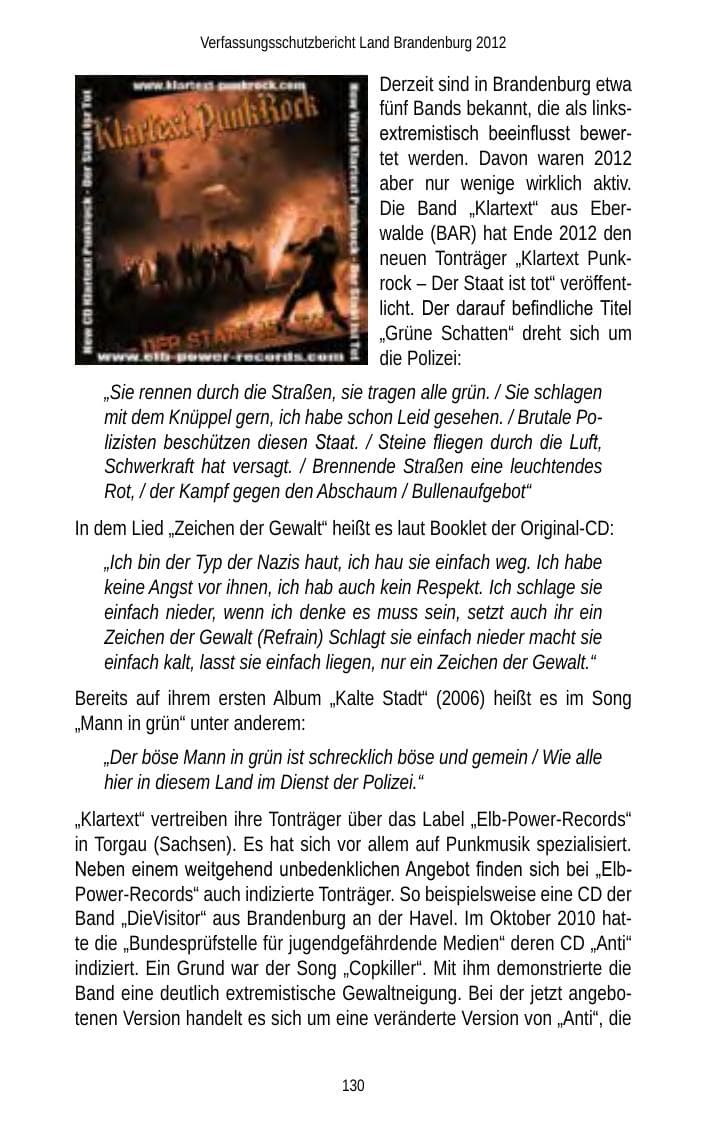 Seite 130 des Verfassungsschutzbericht 2012 Brandenburg