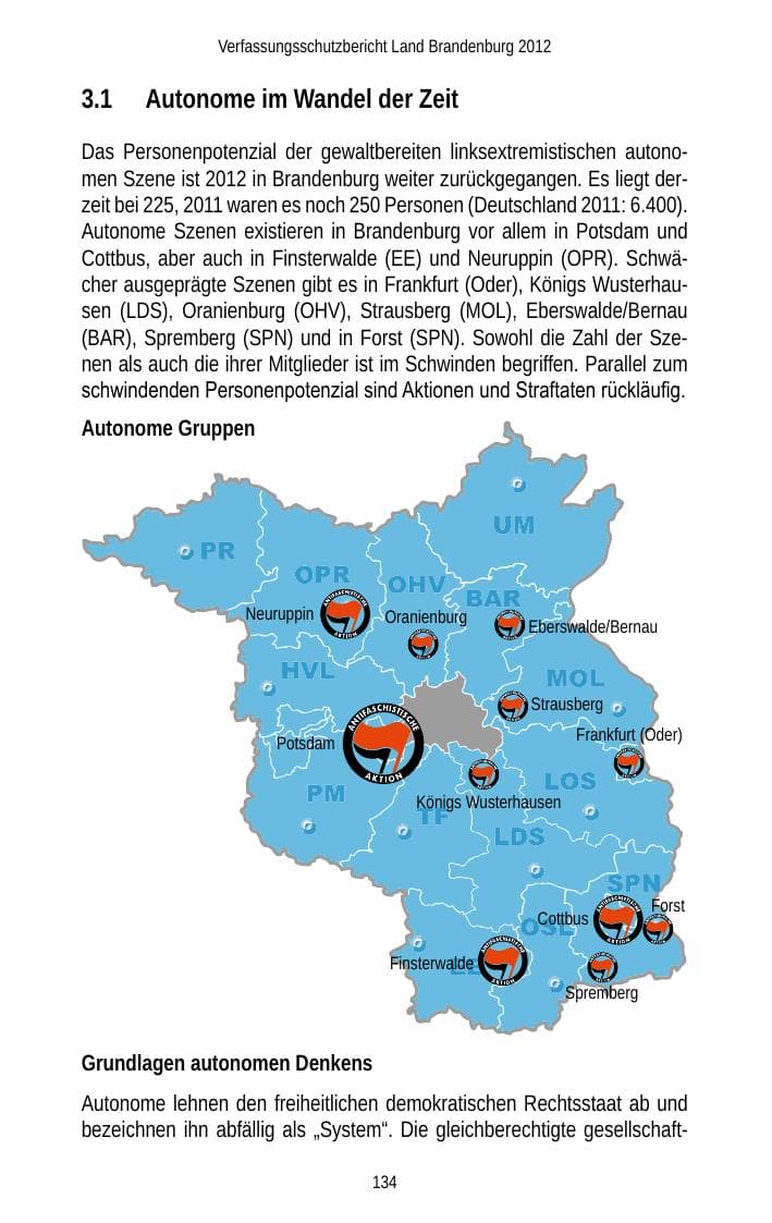 Seite 134 des Verfassungsschutzbericht 2012 Brandenburg