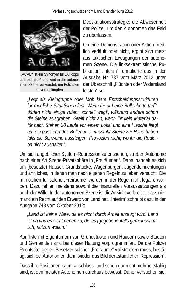 Seite 136 des Verfassungsschutzbericht 2012 Brandenburg