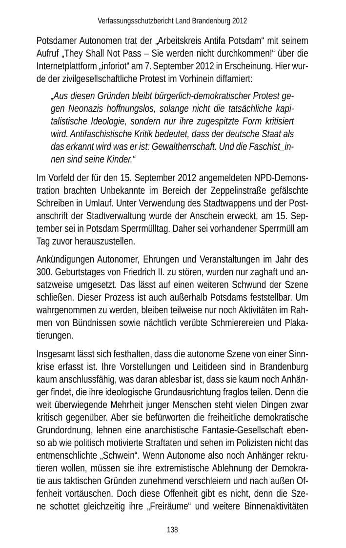Seite 138 des Verfassungsschutzbericht 2012 Brandenburg