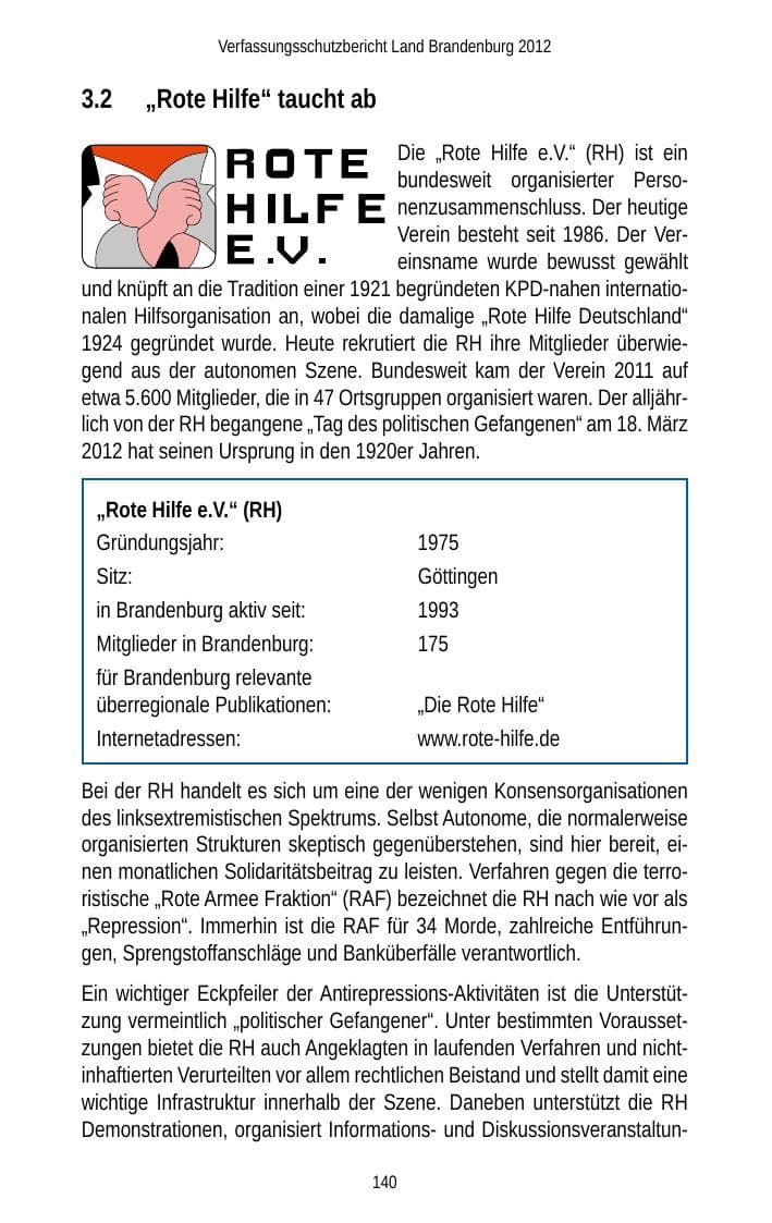 Seite 140 des Verfassungsschutzbericht 2012 Brandenburg