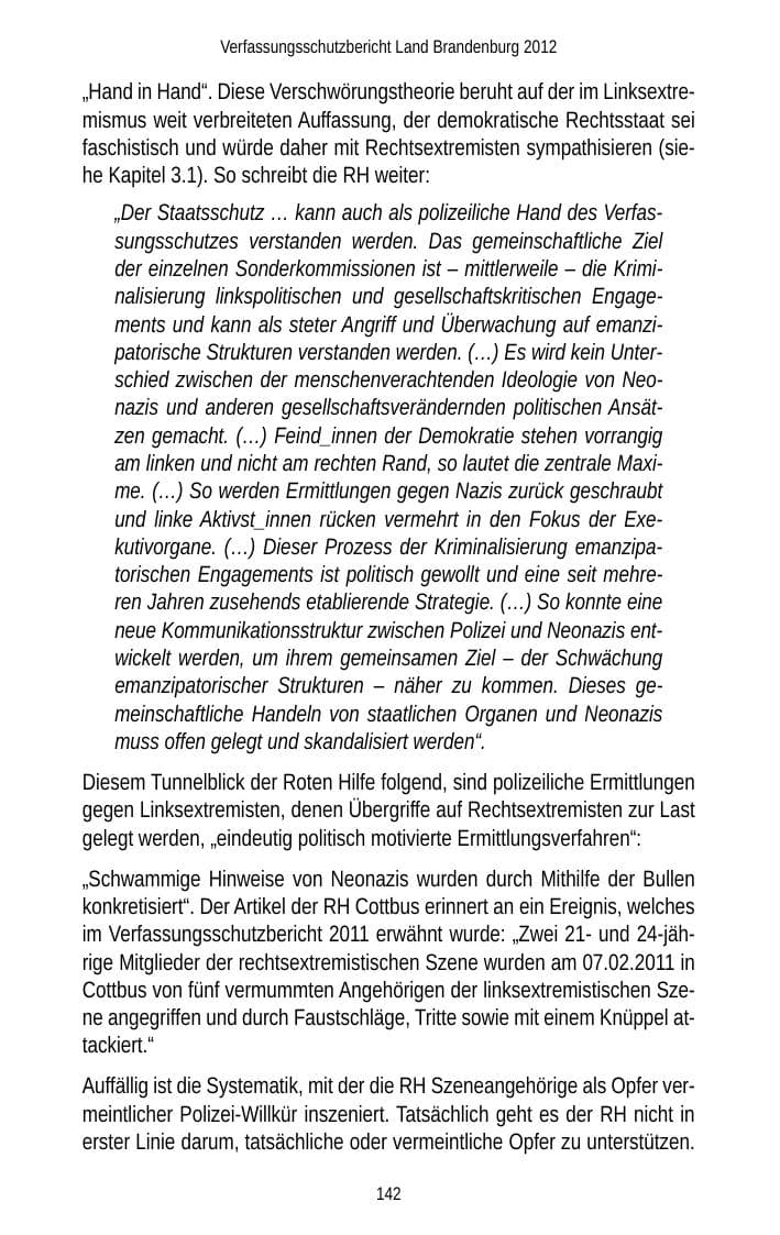 Seite 142 des Verfassungsschutzbericht 2012 Brandenburg