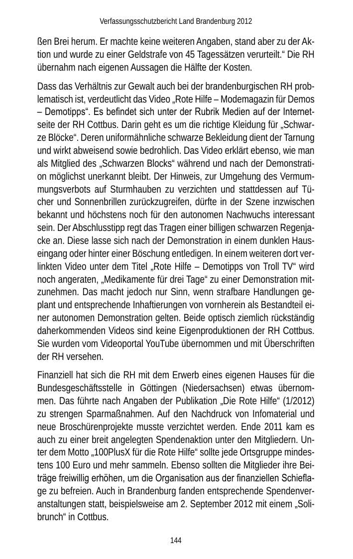Seite 144 des Verfassungsschutzbericht 2012 Brandenburg