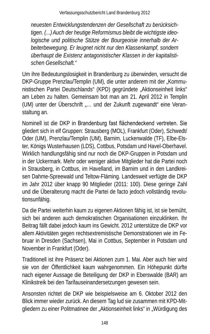 Seite 148 des Verfassungsschutzbericht 2012 Brandenburg