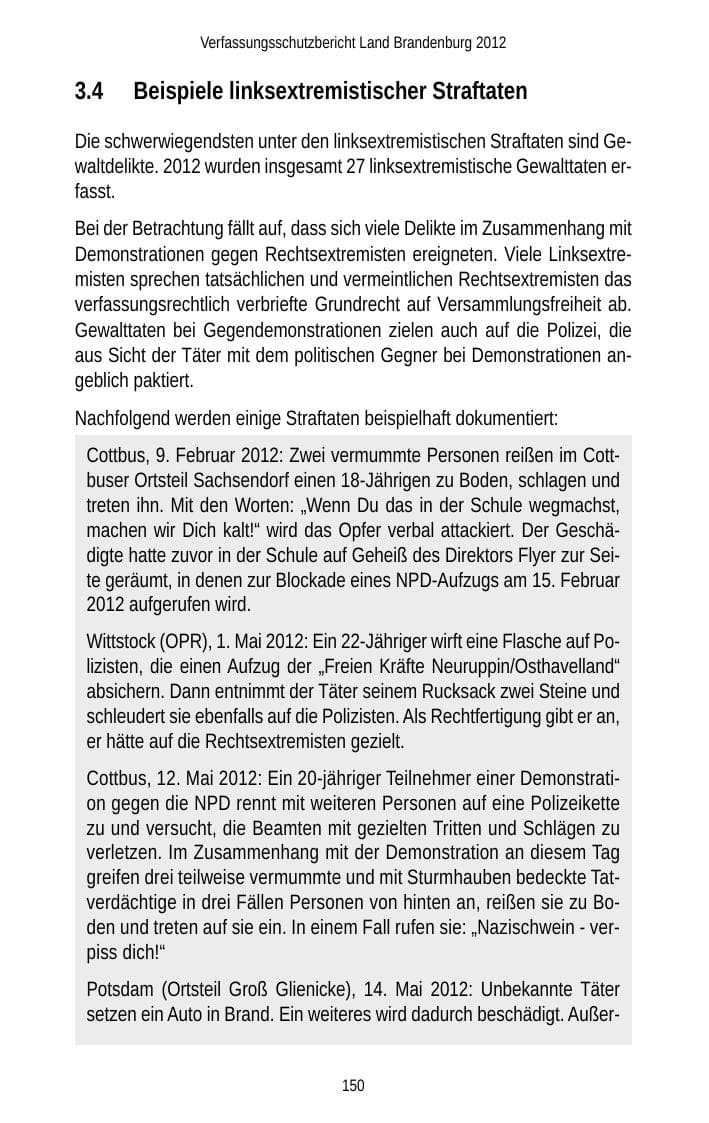 Seite 150 des Verfassungsschutzbericht 2012 Brandenburg