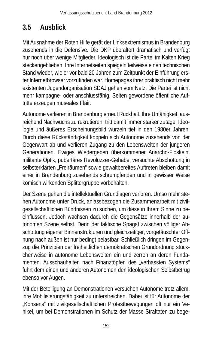 Seite 152 des Verfassungsschutzbericht 2012 Brandenburg