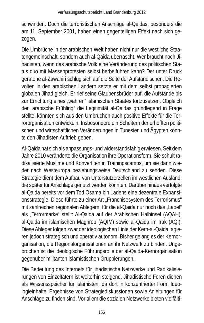 Seite 156 des Verfassungsschutzbericht 2012 Brandenburg