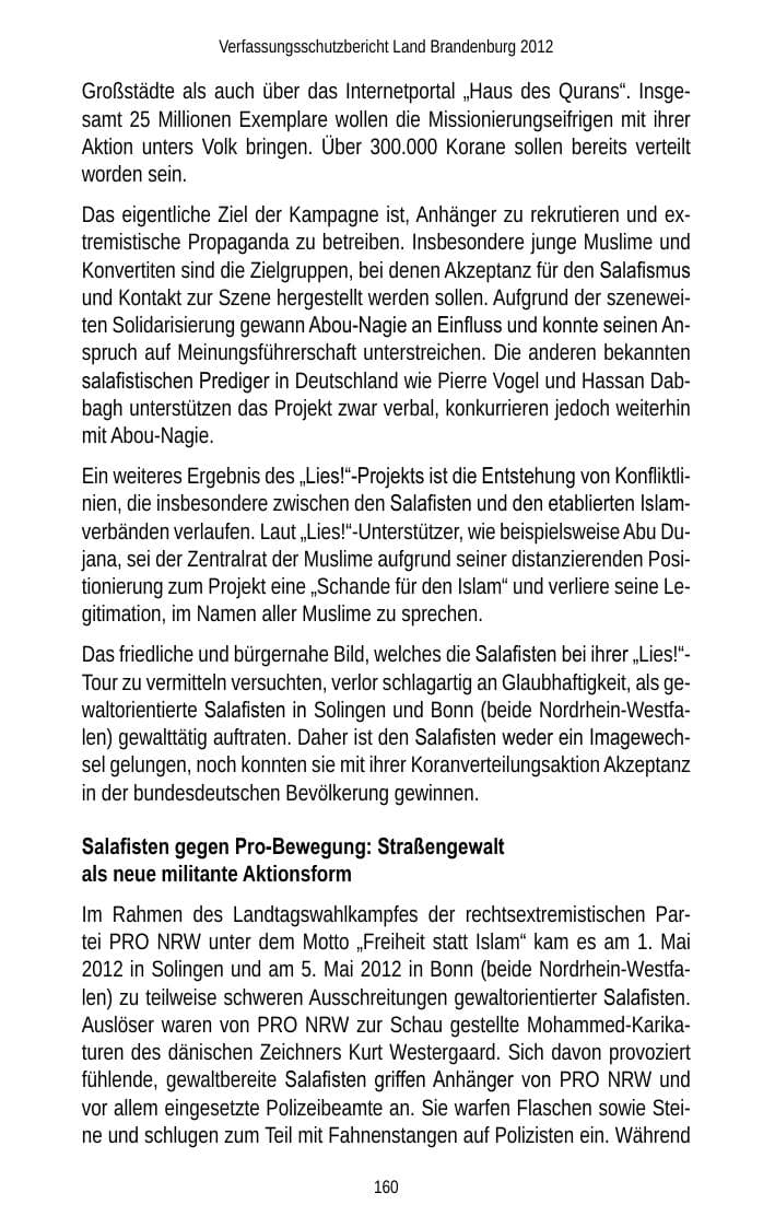 Seite 160 des Verfassungsschutzbericht 2012 Brandenburg