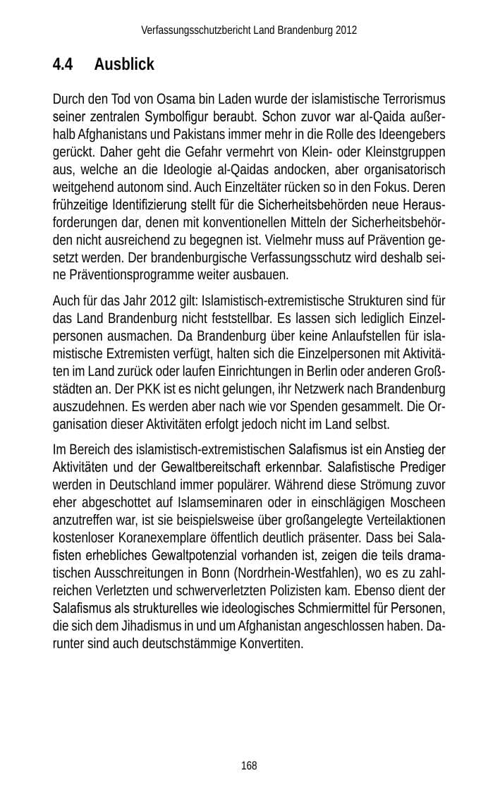 Seite 168 des Verfassungsschutzbericht 2012 Brandenburg