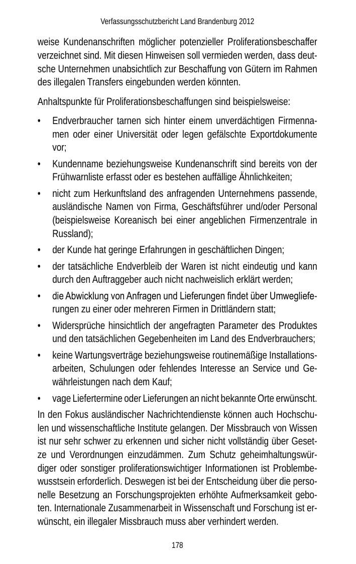 Seite 178 des Verfassungsschutzbericht 2012 Brandenburg