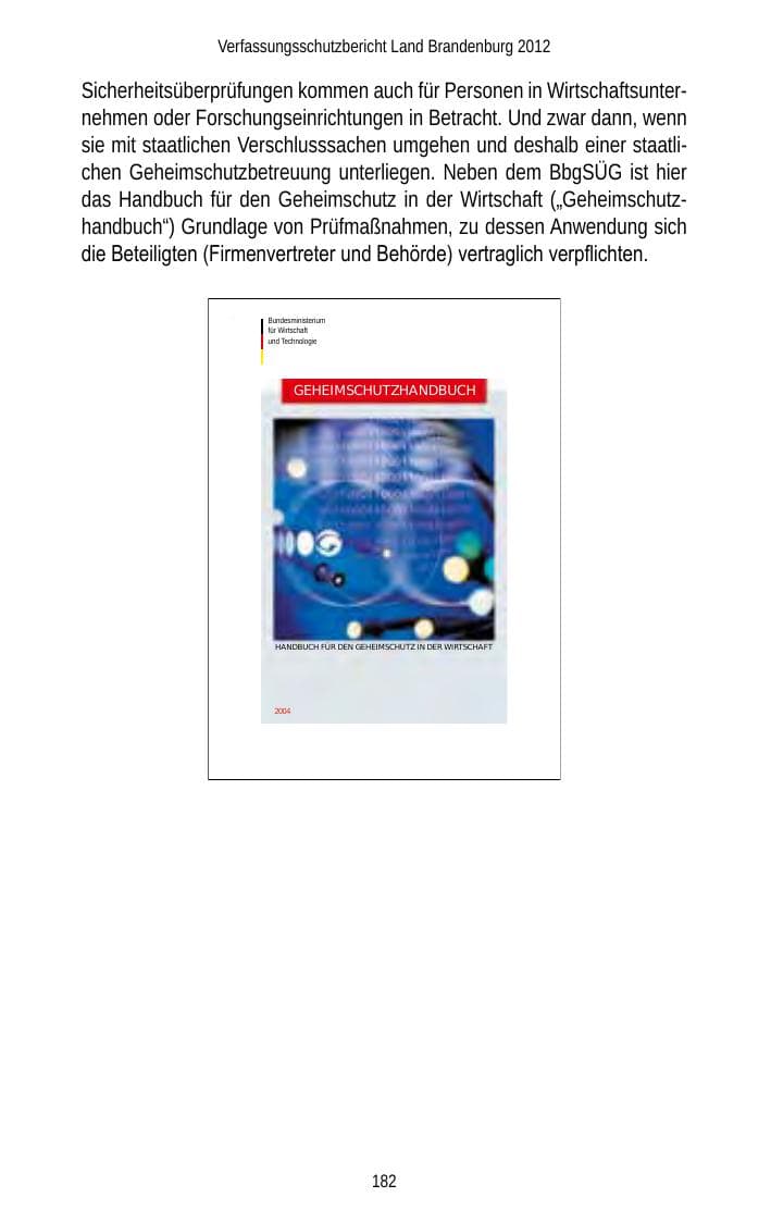 Seite 182 des Verfassungsschutzbericht 2012 Brandenburg