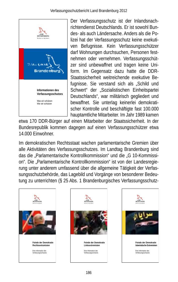 Seite 186 des Verfassungsschutzbericht 2012 Brandenburg