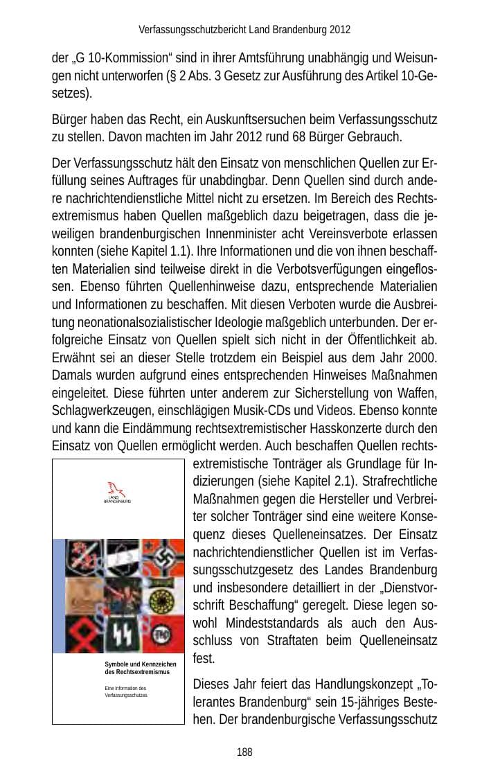 Seite 188 des Verfassungsschutzbericht 2012 Brandenburg