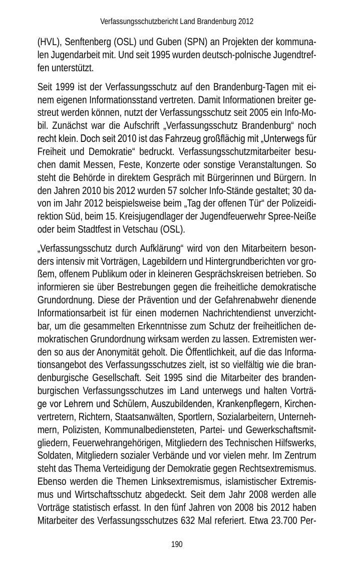 Seite 190 des Verfassungsschutzbericht 2012 Brandenburg