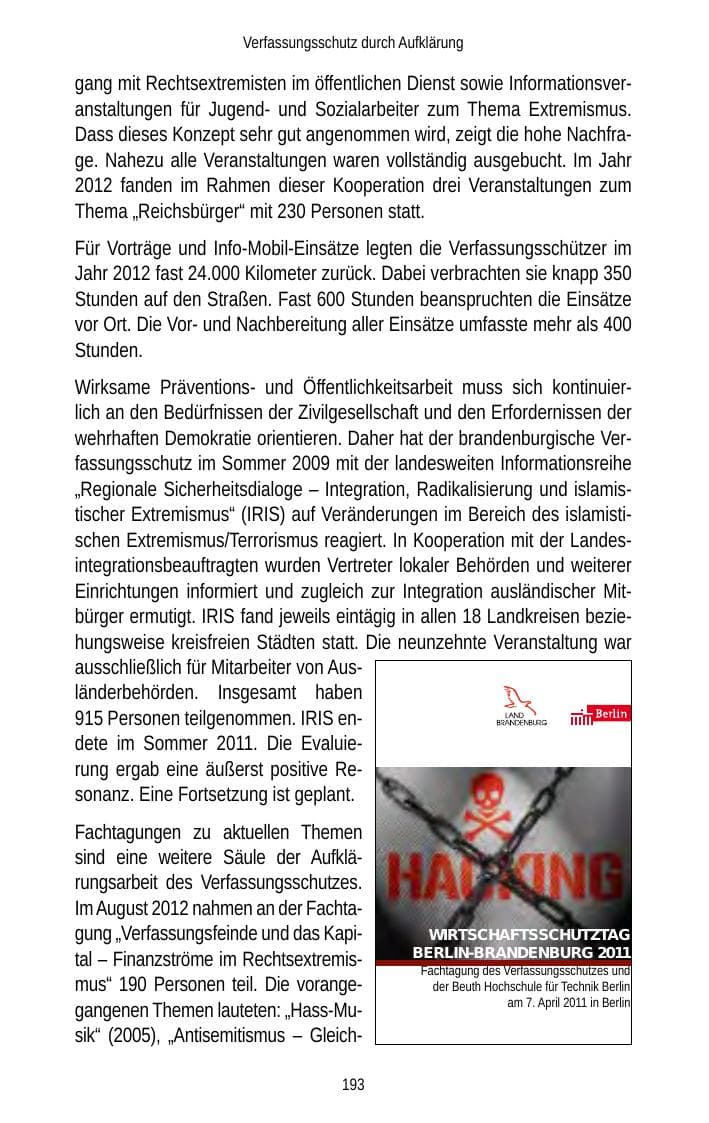 Seite 193 des Verfassungsschutzbericht 2012 Brandenburg