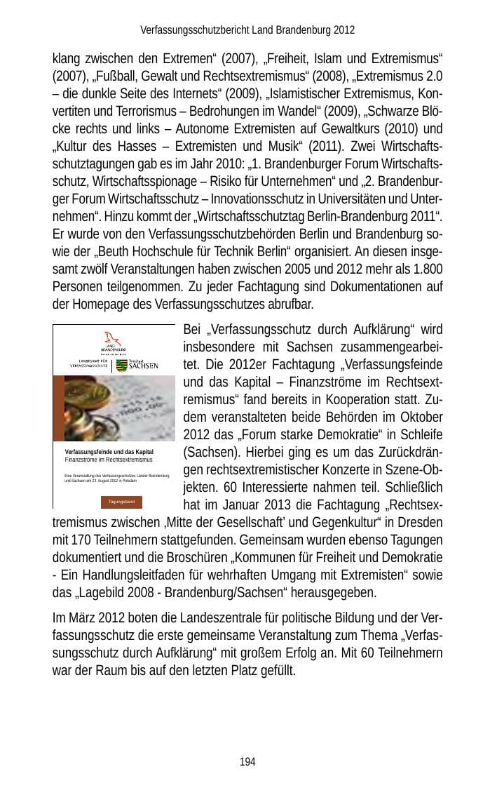 Seite 194 des Verfassungsschutzbericht 2012 Brandenburg