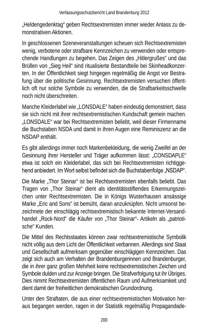 Seite 200 des Verfassungsschutzbericht 2012 Brandenburg