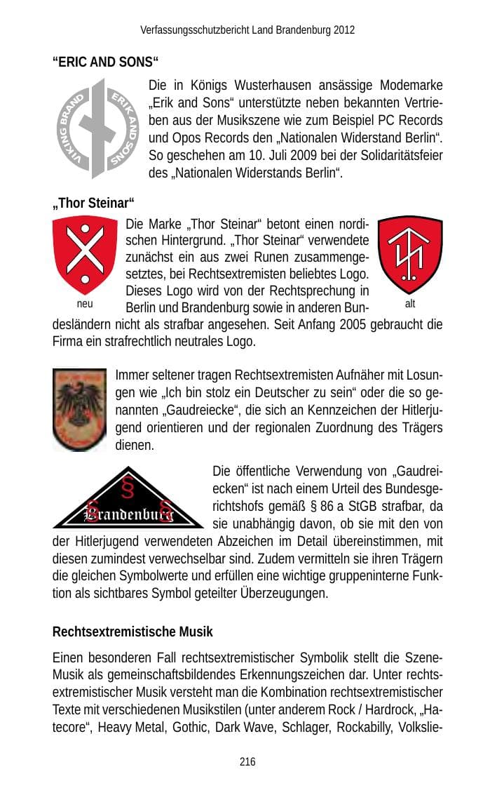 Seite 216 des Verfassungsschutzbericht 2012 Brandenburg