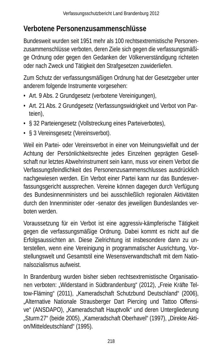 Seite 218 des Verfassungsschutzbericht 2012 Brandenburg