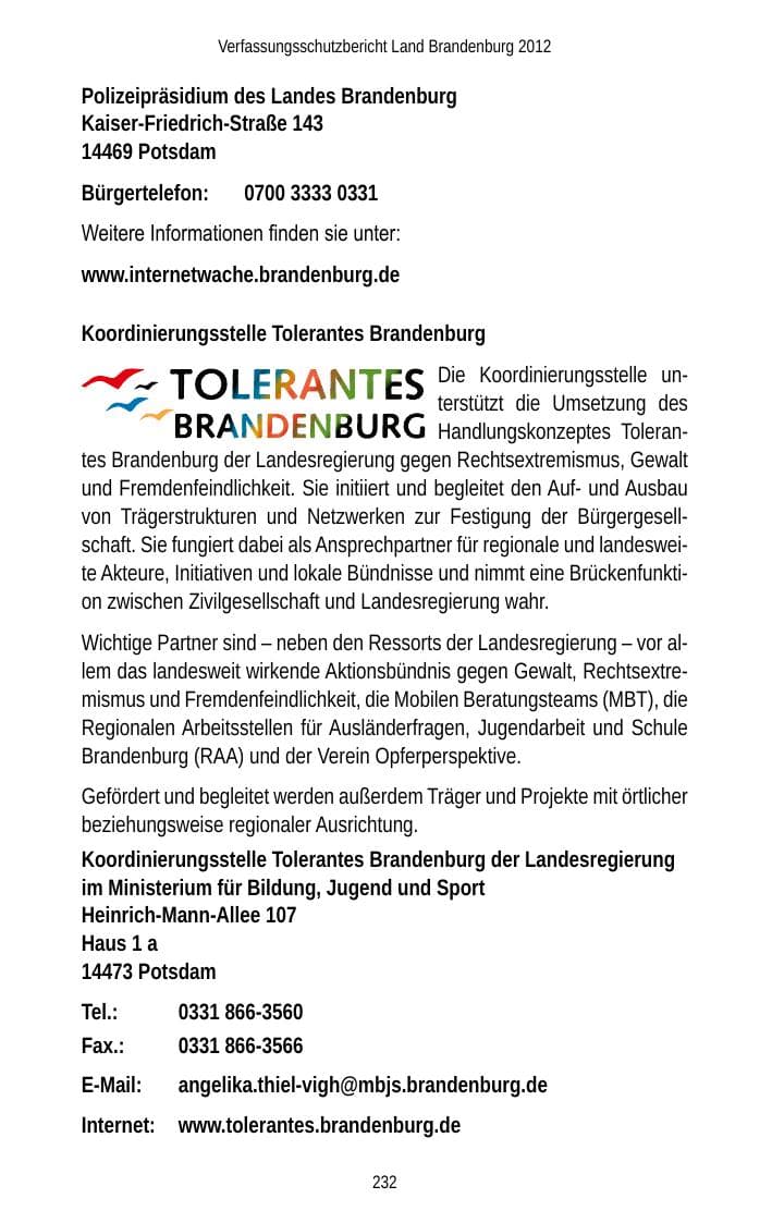 Seite 232 des Verfassungsschutzbericht 2012 Brandenburg