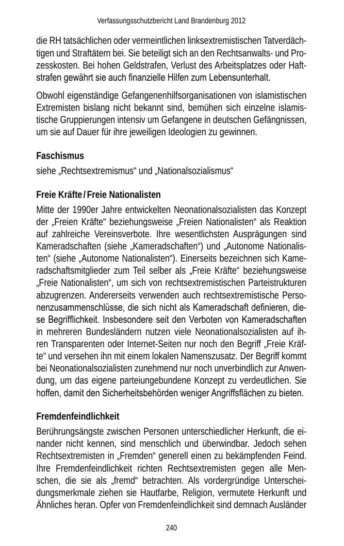 Seite 240 des Verfassungsschutzbericht 2012 Brandenburg