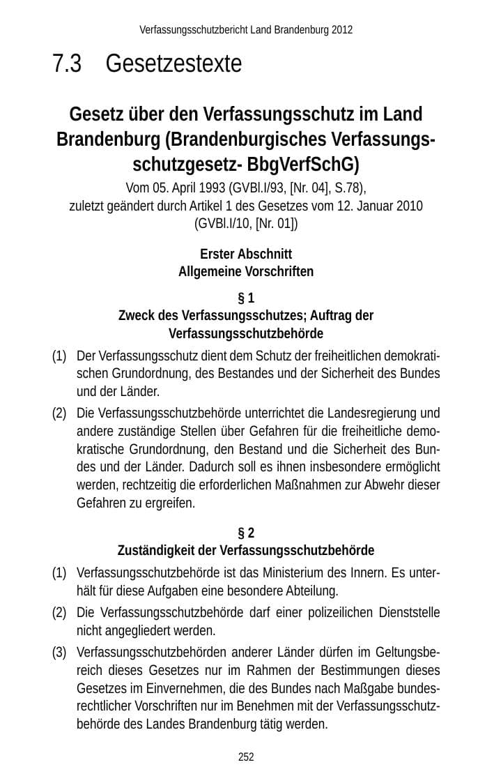 Seite 252 des Verfassungsschutzbericht 2012 Brandenburg
