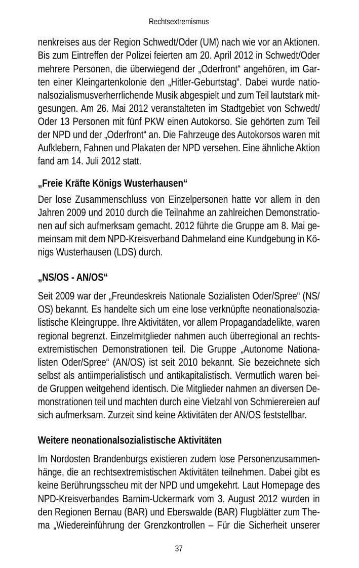 Seite 37 des Verfassungsschutzbericht 2012 Brandenburg
