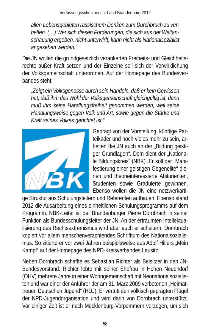 Seite 58 des Verfassungsschutzbericht 2012 Brandenburg