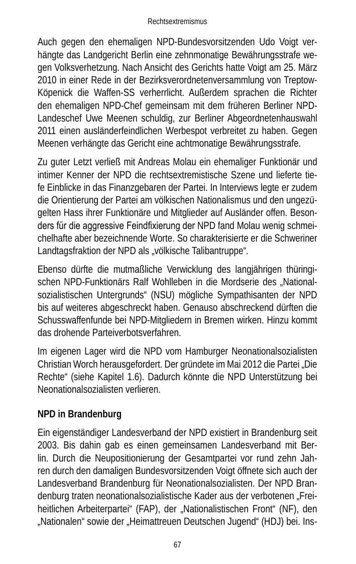 Seite 67 des Verfassungsschutzbericht 2012 Brandenburg