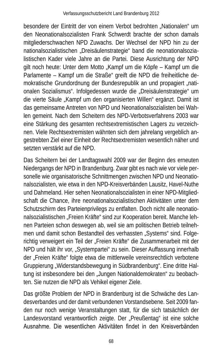Seite 68 des Verfassungsschutzbericht 2012 Brandenburg