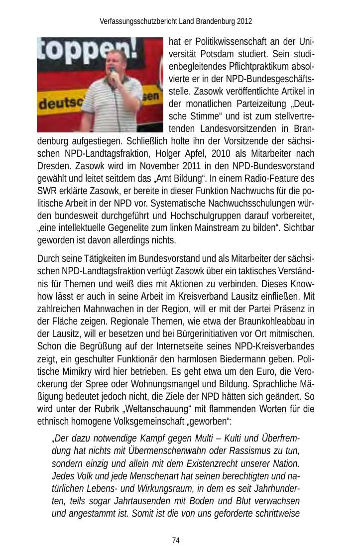 Seite 74 des Verfassungsschutzbericht 2012 Brandenburg