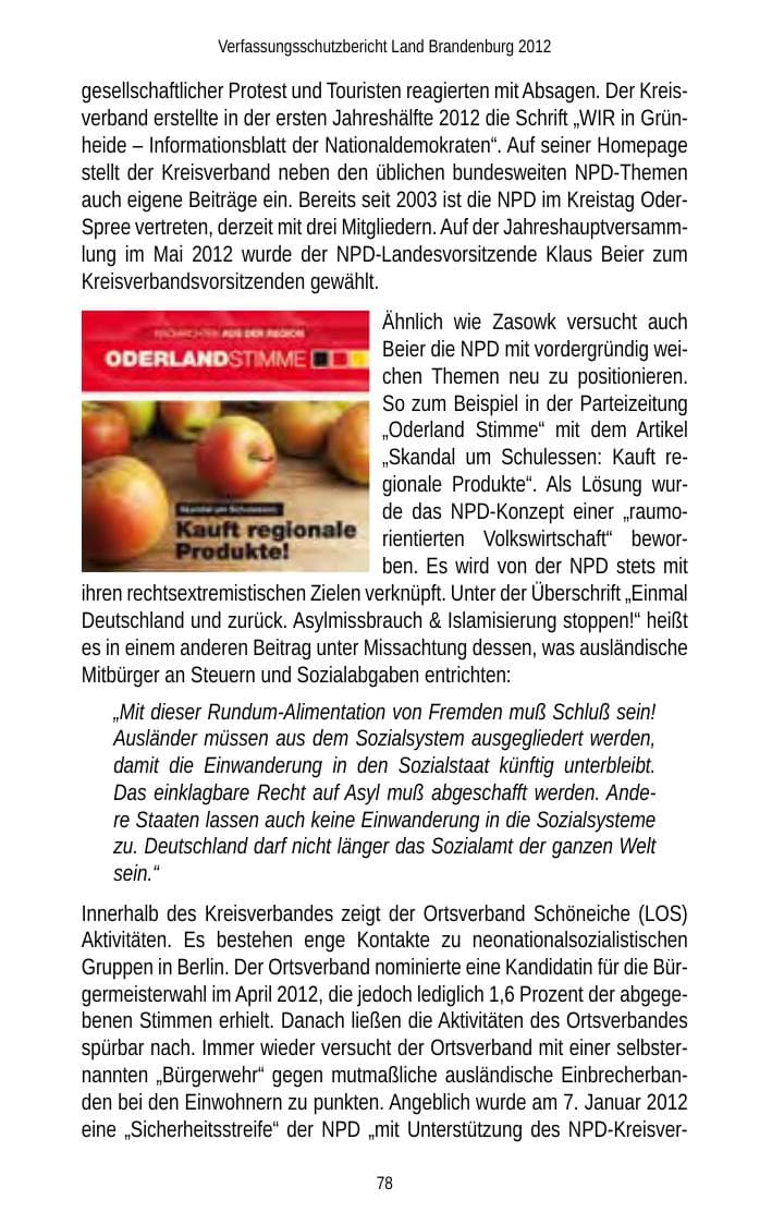 Seite 78 des Verfassungsschutzbericht 2012 Brandenburg